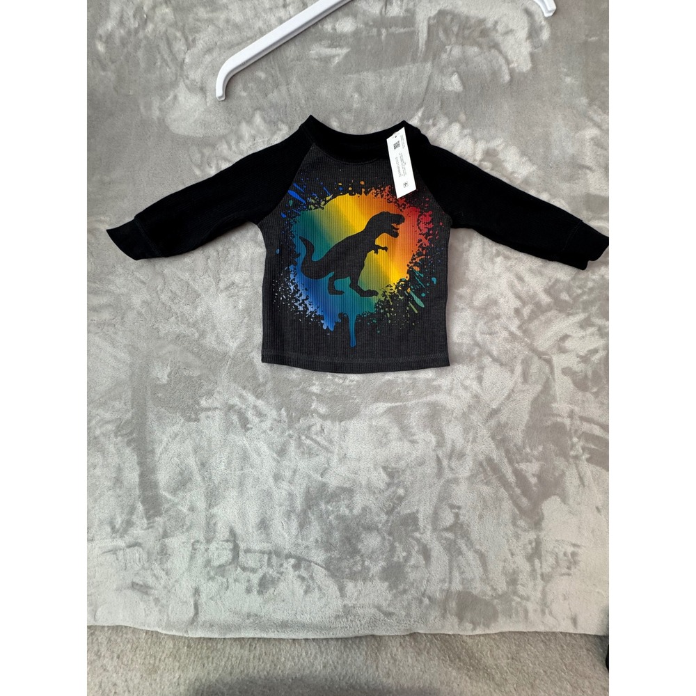Garanimals Baby Boys 12M Thermal Raglan Shirt Rainbow Dinosaur T-Rex Graphic